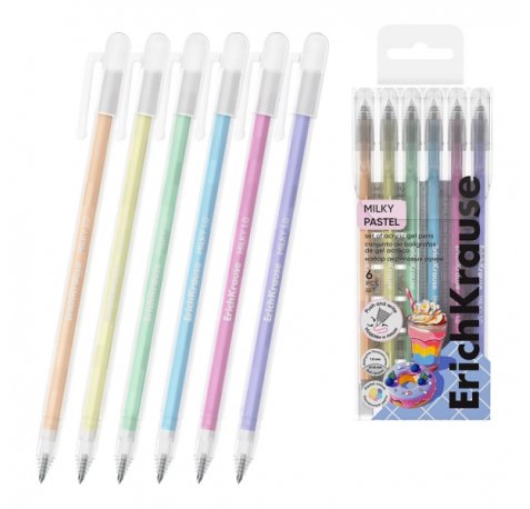ErichKrause Milky Pack de 6 Boligrafos con Capuchon - Punta de 1.0mm - Trazo 1mm - Tinta de Gel - Resistente al Agua - Secado Rapido - Colores Surtidos