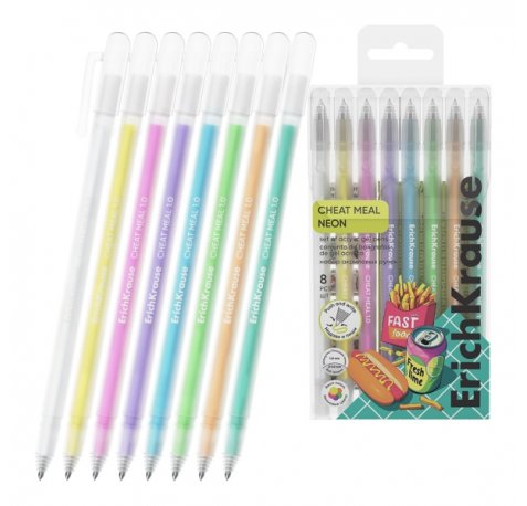 ErichKrause Cheat Meal Pack de 8 Boligrafos con Capuchon - Punta de 1.0mm - Trazo 1mm - Tinta de Gel - Resistente al Agua - Secado Rapido - Colores Surtidos