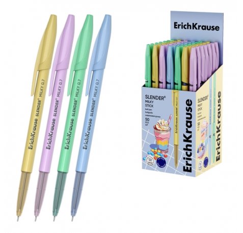 ErichKrause Stick Cheat Milky Boligrafo con Capuchon - Modelos Surtidos - Trazo 0.26mm - Tinta de Baja Viscosidad - Tapa Ventilada - Color Azul (50 uds)