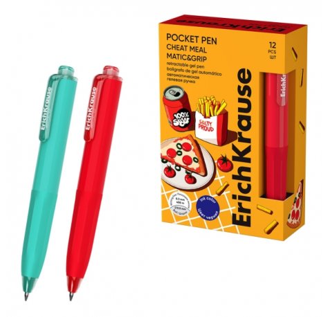 ErichKrause Pocket Pen Matic and Grip Cheat Meal Boligrafo Retractil - Modelos de Cuerpo Surtidos - Trazo 0.3mm - Zona de Agarre de Goma - Color Azul (12 uds)