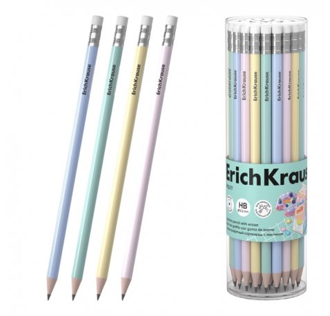 ErichKrause Milky Lapiz de Grafito con Goma de Borrar - Mina HB - Cuerpo Redondo - Agarre Ergonomico - Colores Surtidos (42 uds)