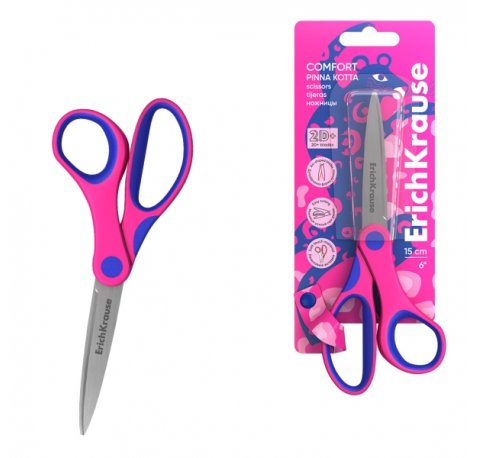 ErichKrause Comfort Pinna Kotta Tijeras de 15cm - Mangos de Plastico y Goma Antideslizante - Cuchillas en Forma de Arco - Ergonomicas - Acero Inoxidable - Color Rosa