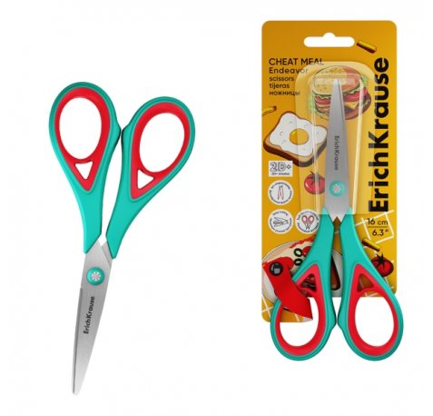 ErichKrause Endeavor Cheat Meal Tijeras de 16cm - Mangos de Plastico y Goma Antideslizante - Cuchillas en Forma de Arco - Ergonomicas - Acero Inoxidable - Color Turquesa
