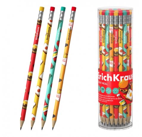 ErichKrause Cheat Meal Lapiz de Grafito con Goma de Borrar - Mina HB - Cuerpo Redondo - Plastico - Agarre Ergonomico - Colores Surtidos (42 uds)