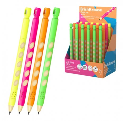 ErichKrause GripLine Neon Expositor con 24 Portaminas - Mina HB de 2.0mm - Agarre Triangular - Sacapuntas Integrado - Ergonomico - Colores Surtidos