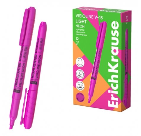 ErichKrause Visioline V-15 Light Neon Marcador Fluorescente - Punta Biselada - Trazo de 0.6 a 3.5mm - Color Rosa (12 uds)