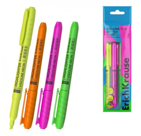 ErichKrause Visioline V-15 Light Neon Pack de 4 Marcadores Fluorescentes - Punta Biselada - Trazo de 0.6 a 3.5mm - Colores Surtidos