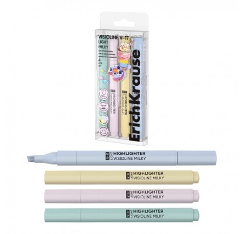 ErichKrause Visioline V-17 Light Milky Pack de 4 Marcadores Fluorescentes - Punta Biselada - Trazo de 0.6 a 3.0mm - Colores Pastel Surtidos