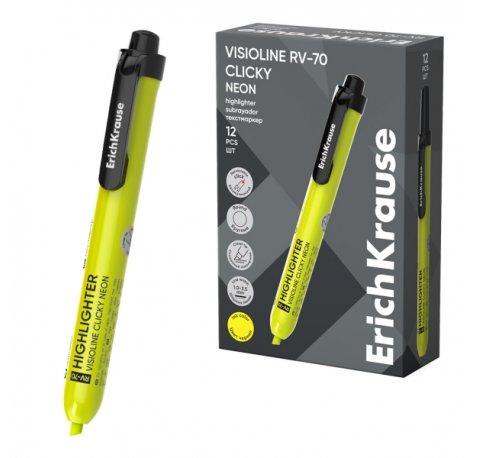 ErichKrause Visioline RV-70 Clicky Marcador Fluorescente - Retractil - Punta Biselada - Trazo de 1.0mm a 3.5mm - Color Amarillo (12 uds)