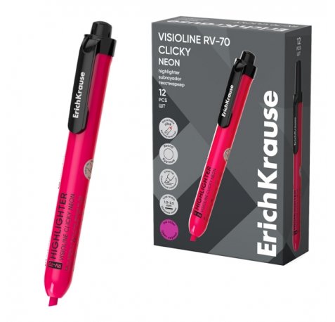 ErichKrause Visioline RV-70 Clicky Neon Marcador Fluorescente - Retractil - Punta Biselada - Trazo de 1.0mm a 3.5mm - Color Rosa (12 uds)