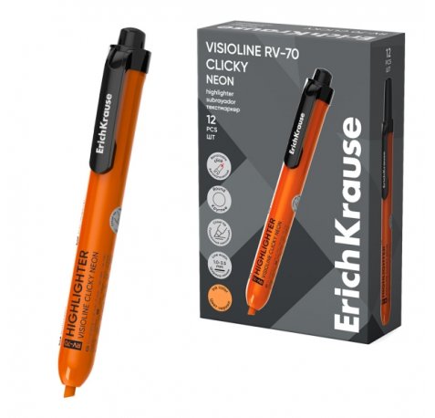 ErichKrause Visioline RV-70 Clicky Neon Marcador Fluorescente - Retractil - Punta Biselada - Trazo de 1.0mm a 3.5mm - Color Naranja (12 uds)