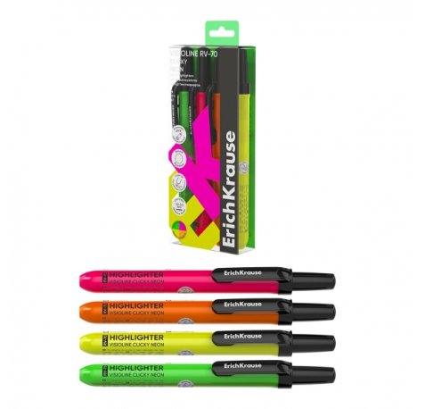 ErichKrause Visioline RV-70 Clicky Neon Pack de 4 Marcadores Fluorescentes - Retractil - Punta Biselada - Trazo de 1.0mm a 3.5mm - Colores Surtidos