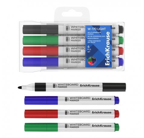 ErichKrause W-170 Light Pack de 4 Rotuladores para Pizarra Blanca - Facil de Borrar - Punta Conica - Trazo de 2.5mm - No Toxico - Cuerpo Triangular - Colores Surtidos