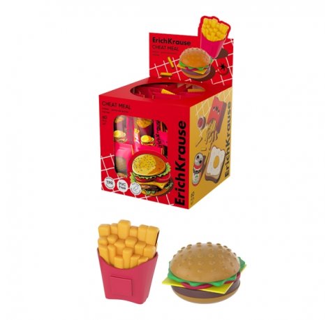 ErichKrause Cheat Meal Expositor con 60 Gomas de Borrar - Caucho Termoplastico - No Deja Residuos - Libre de PVC - Colores Surtidos