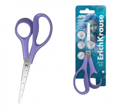 ErichKrause JOY Ergo Aquamarine Tijeras de 14cm - Mangos de Plastico Resistente a Golpes - Regla de 5cm en la Hoja - Ergonomicas - Color Lila