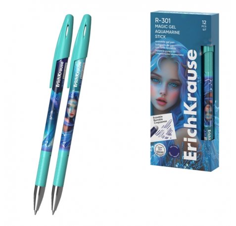ErichKrause R-301 Magic Gel Stick Aquamarine Boligrafo Borrable - Modelos Surtidos - Trazo 0.4mm - Tinta de Gel - Resistente al Agua - Secado Rapido - Color Azul (12 uds)