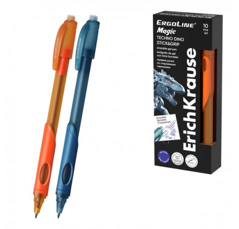 ErichKrause ErgoLine Magic Stick and Grip Techno Dino Boligrafo Borrable - Modelos Surtidos - Trazo 0.4mm - Tinta de Gel - Resistente al Agua - Zona de Agarre de Goma - Color Azul (10 uds)
