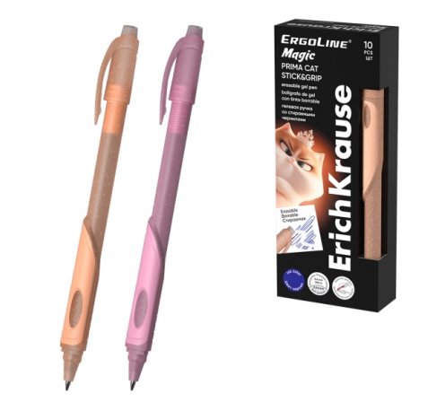 ErichKrause ErgoLine Magic Stick and Grip Prima Cat Boligrafo Borrable - Modelos Surtidos - Trazo 0.4mm - Tinta de Gel - Resistente al Agua - Zona de Agarre de Goma - Color Azul (10 uds)