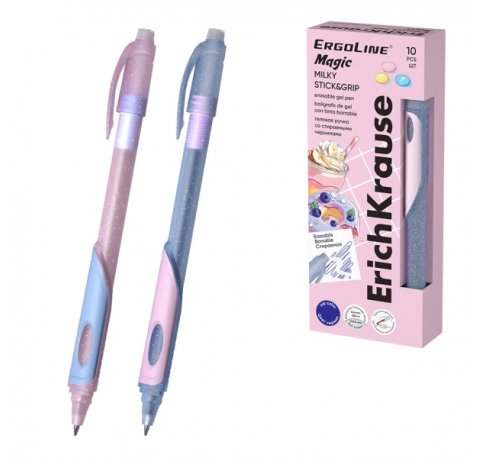 ErichKrause ErgoLine Magic Stick and Grip Milky Boligrafo Borrable - Modelos Surtidos - Trazo 0.4mm - Tinta de Gel - Resistente al Agua - Zona de Agarre de Goma - Color Azul (10 uds)
