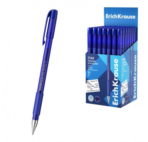 ErichKrause Star Stick and Grip Original Boligrafo con Capuchon - Punta de 1.2mm - Trazo 0.35mm - Zona de Agarre de Goma - Color Azul (50 uds)