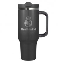 Safta Real Madrid Vaso con Asa Termico - Capacidad 1.2L - Pajita con Varilla de Limpieza - Revestimiento Interior de Cobre - Tapa Antifugas - 12h Caliente - 24h Frio - 14x26.5x10.5cm - Color Negro