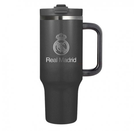 Safta Real Madrid Vaso con Asa Termico - Capacidad 1.2L - Pajita con Varilla de Limpieza - Revestimiento Interior de Cobre - Tapa Antifugas - 12h Caliente - 24h Frio - 14x26.5x10.5cm - Color Negro