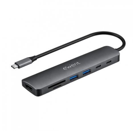 Ewent USB-C Dock 7 en 1 - 1x USB-C, 2x USB-A 3.2 Gen1, 1x HDMI 4K/60Hz, 1x SD/TF 2.0, 1x MicroSD, 1x USB-C PD 100W - Color Gris