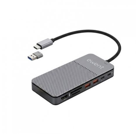 Ewent EW1156 Docking Station USB-C 8 en 1 con Ranura SSD M.2 - 1xHDMI 4K, 1xUSB-C 3.2, 2xUSB-A 3.2, 1xUSB-C PD 100W, 1xSD y 1xTF - Compatible SSD NVMe - Color Gris