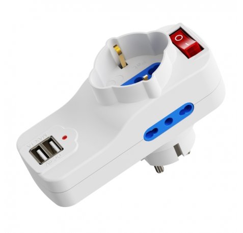 Ewent Regleta de 3 Tomas de Pared - 3x Tomas Italianas Tipo L/ Schuko de 10/16A - 2 Tomas L + 1 Toma L/F (Schuko) - 2x USB-A - Interruptor On/Off - Proteccion Infantil - Enchufe Schuko - Color Blanco