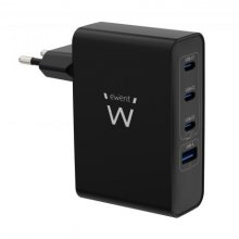 Ewent EW1330 Cargador GaN Universal de Pared 100W Ultrarapido - 3x USB-C PD 3.0 y 1x USB-A QC 3.0 - Color Negro