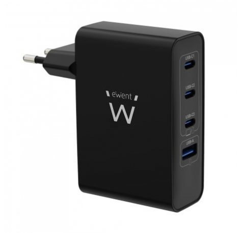 Ewent EW1330 Cargador GaN Universal de Pared 100W Ultrarapido - 3x USB-C PD 3.0 y 1x USB-A QC 3.0 - Color Negro