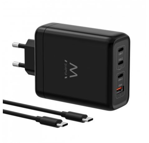 Ewent EW1337 Cargador GAN 140W - 3xUSB-C PD3.1, QC5.0 - 1xUSB-A QC3.0 - Cable 2 Metros - Color Negro