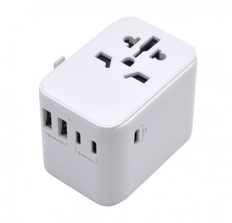 Ewent Adaptador de Viaje Universal - Conexiones para Europa (Schuko), USA, UK, Australia - 2xUSB-A - 3xUSB-C - Color Blanco