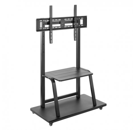 Ewent Soporte de Suelo para TV hasta 100" - Bandeja Auxiliar - Altura Ajustable - VESA Maximo 800x600 - Peso Maximo 150kg - Ruedas para Desplazamiento - 1050x570x1785mm - Color Negro
