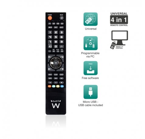 Ewent Control Remoto 4 en 1 Universal - Programable con Cable Micro USB y PC - Color Negro