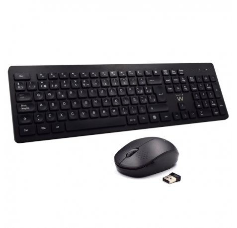 Ewent Paquete Inalambrico 2.4hz KB+RATON - Teclado de Oficina con 13 Teclas Multimedia - Raton de Viaje - 1000dpi Unico - Receptor USB-A - 2 Bateria AA (Incluida) - Color Negro