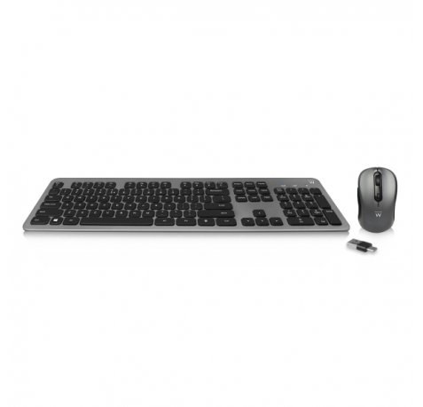 Ewent Pack Teclado + Raton Inalambrico - Receptor USB-A 2.4Hz - 1600dpi - Disposicion Inglesa QWERTY US - Incluye Pilas AA/AAA - Teclas Silenciosas de Perfil Bajo - Color Negro/Gris