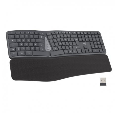 Ewent Teclado Inalambrico - Ergonomico - Bateria de Litio Recargable de 300mAh - Teclas de Bajo Perfil y Silenciosas - Color Negro