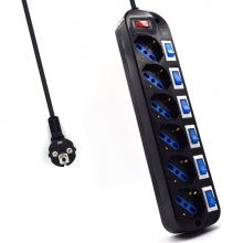 Ewent Regleta de 6 Tomas de Seguridad - 6x Schuko 16A - Proteccion contra Sobretension - Interruptor On/Off General e Individuales - Proteccion Infantil - Cable de 1.5m - Color Negro