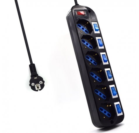 Ewent Regleta de 6 Tomas de Seguridad - 6x Schuko 16A - Proteccion contra Sobretension - Interruptor On/Off General e Individuales - Proteccion Infantil - Cable de 1.5m - Color Negro