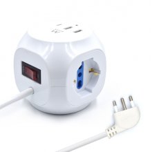 Ewent Regleta con 6 Tomas de Sobremesa en Forma de Cubo - 3 Tomas L/F (Schuko) - 2x USB-A - 1x USB-C - Enchufe Italiano Plano en Angulo - Interruptor On/Off - Cable de 1.5m - Color Blanco