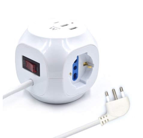 Ewent Regleta con 6 Tomas de Sobremesa en Forma de Cubo - 3 Tomas L/F (Schuko) - 2x USB-A - 1x USB-C - Enchufe Italiano Plano en Angulo - Interruptor On/Off - Cable de 1.5m - Color Blanco