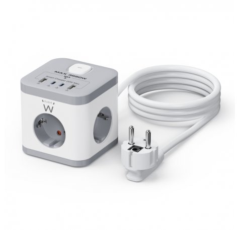 Ewent Regleta con 6 Tomas de Sobremesa - 3x Schuko 16A - 2x USB-A - 2x USB-C - Proteccion Infantil - Interruptor On/Off - Forma de Cubo - Cable de 1.5m - Color Blanco/Gris