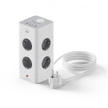 Ewent Regleta con 12 Tomas de Sobremesa - 8x Schuko 16A - 2x USB-A - 2x USB-C - Interruptor On/Off - Proteccion Infantil - Forma de Torre - Cable de 2m - Color Blanco/Gris