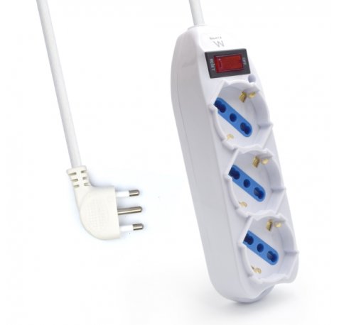 Ewent Regleta con 3 Tomas Tipo L/F (Schuko) de 10/16A - Interruptor On/Off - Enchufe Italiano Plano en Angulo - Cable de 1.5m - Color Blanco