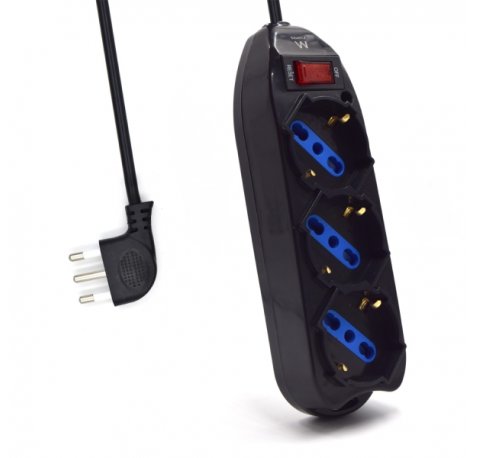 Ewent Regleta con 3 Tomas Tipo L/F (Schuko) de 10/16A - Interruptor On/Off - Enchufe Italiano Plano en Angulo - Cable de 1.5m - Color Negro