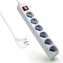 Ewent Regleta con 6 Tomas Tipo L/F (Schuko) de 10/16A - Interruptor On/Off - Proteccion contra Sobretensiones - Enchufe Italiano Plano en Angulo - Proteccion Infantil - Cablo de 5m - Color Blanco