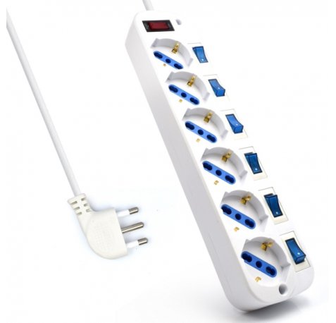 Ewent Regleta con 6 Tomas Tipo L/F (Schuko) de 10/16A - Interruptor de Encendido General e Individual - Proteccion contra Sobretension y Sobrecorriente - Enchufe Italiano Plano en Angulo - Cable de 1.5m - Color Blanco