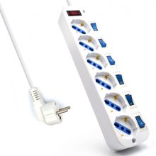 Ewent Regleta de Energia - 6 Enchufes - Version Schuko - 16A con inerruptor de Encendido/Apagado en cada Puerto - Protector contra Sobretensiones - Cable de 3m. - Color Blanco