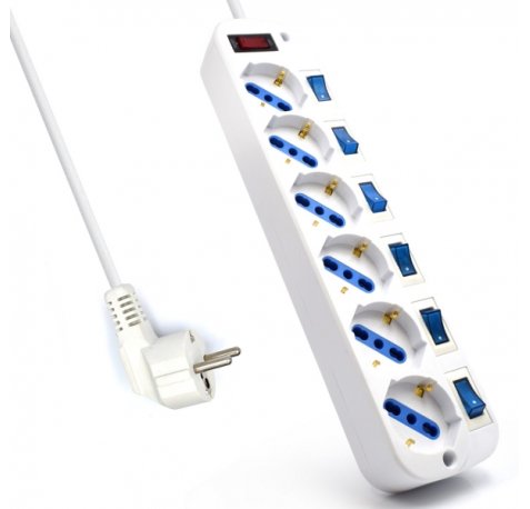 Ewent EW3932 Regleta con 6 Tomas de Corriente - Proteccion contra Sobretensiones - Interruptores Individuales. Color Blanco
